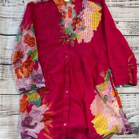 Sundance Birds of Paradise Pink Floral Printed Pintucked Tunic Top - S - Picture 2 of 7